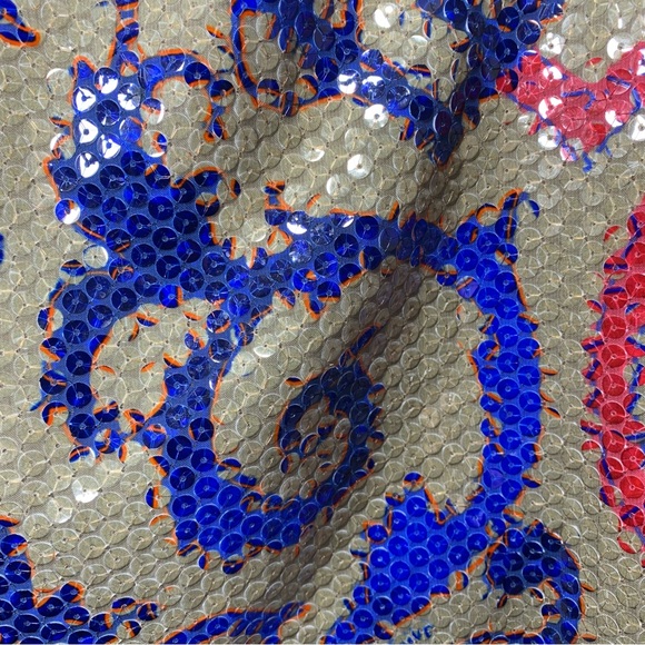 Sequin Shirt Blouse Tan Red Blue Baroque Sz 40 Short Sleeve Crew Party Event Top - Picture 9 of 16